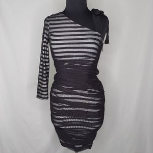 BCBGMaxazria Dress Mini Bodycon Mesh Striped Ribbon Tie One Shoulder Stretch XS